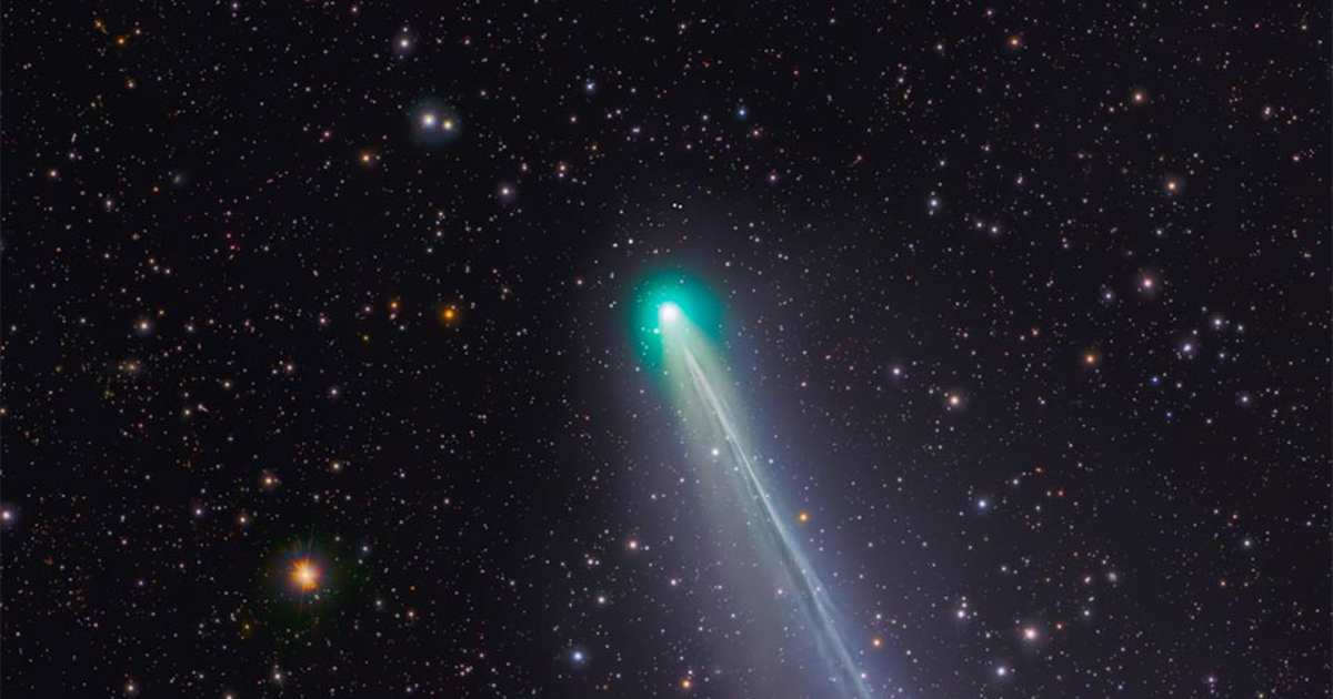 Cometa Lemmon Cometa verde com cauda brilhante cruzando um céu escuro cheio de estrelas brilhantes