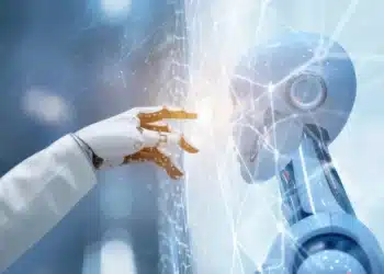 Imagem ilustrando a interação entre seres humanos e inteligência artificial, representando a conexão entre tecnologia e empregos seguros no futuro.