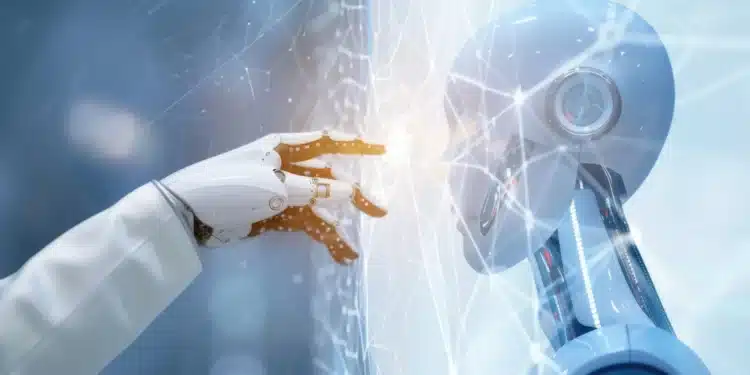 Imagem ilustrando a interação entre seres humanos e inteligência artificial, representando a conexão entre tecnologia e empregos seguros no futuro.