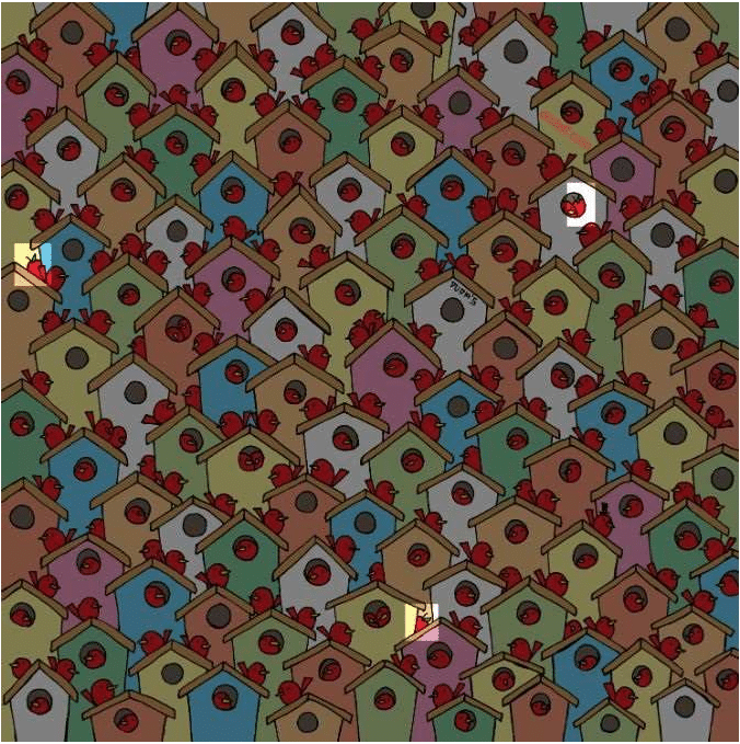 Padrão de casinhas coloridas com pássaros vermelhos, com áreas iluminadas e sombreadas.