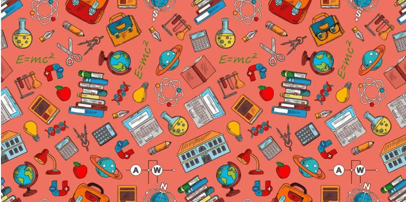 Desafio Visual Padrão colorido com diversos ícones escolares e científicos em fundo laranja, incluindo livros, globos e fórmulas.