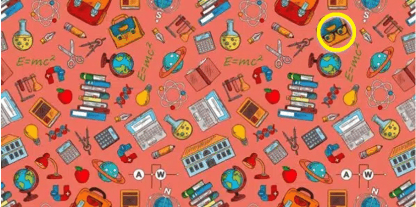 Desafio Visual  Fundo escolar colorido similar com destaque em ícone de óculos evidenciado por círculo amarelo.