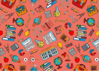 Padrão colorido com diversos ícones escolares e científicos em fundo laranja, incluindo livros, globos e fórmulas.