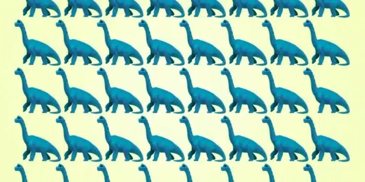 Imagem de desafio visual com vários dinossauros azuis, onde um deles é diferente dos demais.