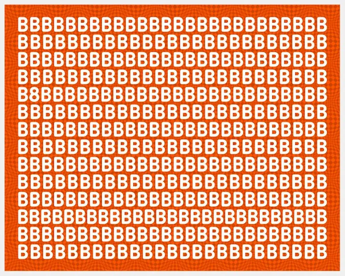 Desafio visual com letras B em padrão repetido e um número oculto entre elas. Encontre o número!