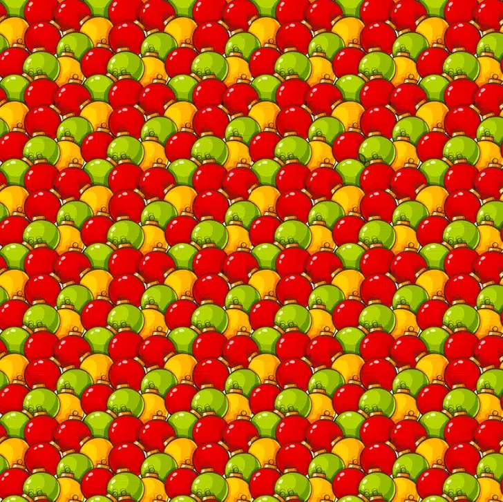 Encontre a maçã escondida entre as bolas de natal com cores diferentes, vermelho, verde e amarelo. Desafio visual com bolas de natal vermelhas, verdes e amarelas desenhadas em padrão repetitivo e colorido