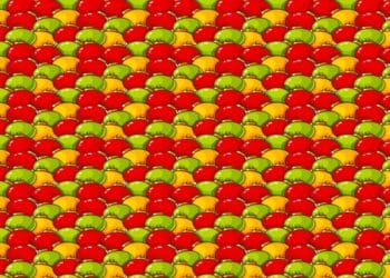 Desafio visual com bolas de natal vermelhas, verdes e amarelas desenhadas em padrão repetitivo e colorido