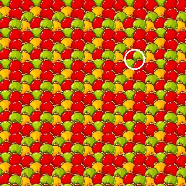 Encontre a maçã entre as bolas de natal vermelhas, verdes e amarelas Desafio visual com bolas de natal vermelhas, verdes e amarelas desenhadas em padrão repetitivo e colorido