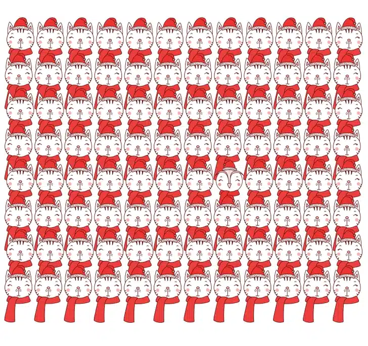 Tente encontrar a coruja entre os gatos que usam o chapéu vermelho diferente neste desafio visual divertido e natalino. Desafio visual com gatos desenhados com chapéus de natal vermelhos alinhados em fileira, com um detalhe diferente em um deles