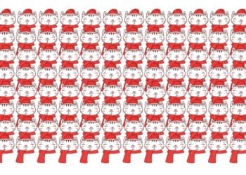 Desafio visual com gatos desenhados com chapéus de natal vermelhos alinhados em fileira, com um detalhe diferente em um deles