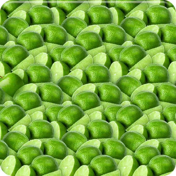 Encontre a maçã verde escondida entre os limões cortados e inteiros. Desafio visual com vários limões verdes inteiros e cortados ao meio, mostrando a polpa.