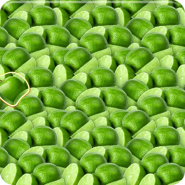 Encontre a maçã verde entre os limões inteiros e cortados Desafio visual com vários limões verdes inteiros e cortados ao meio, mostrando a polpa.