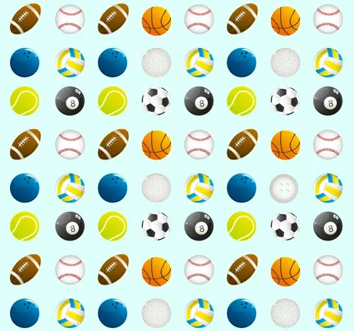 Localize o botão camuflado nesta imagem com diversas bolas esportivas alinhadas. Desafio visual com bolas de futebol americano, beisebol, basquete, boliche, vôlei, golfe, sinuca, tênis e futebol sobre fundo azul claro