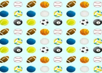 Desafio visual com bolas de futebol americano, beisebol, basquete, boliche, vôlei, golfe, sinuca, tênis e futebol sobre fundo azul claro
