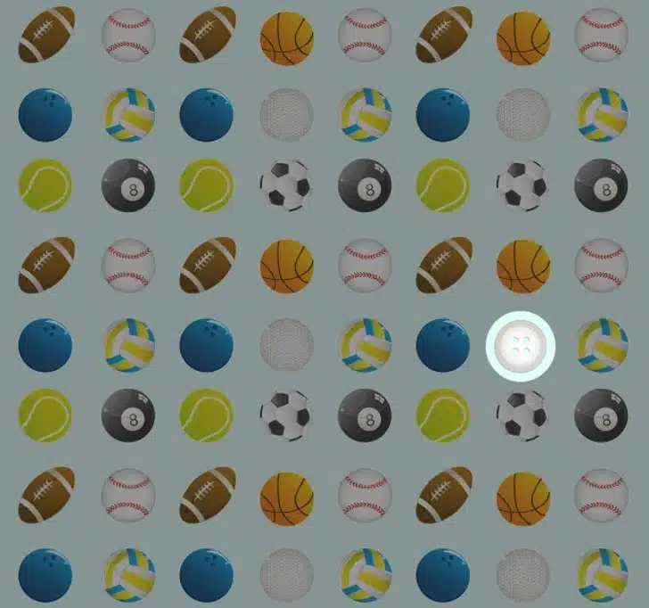 Encontre o botão neste padrão colorido com bolas de diferentes esportes Desafio visual com bolas de futebol americano, beisebol, basquete, boliche, vôlei, golfe, sinuca, tênis e futebol sobre fundo azul claro