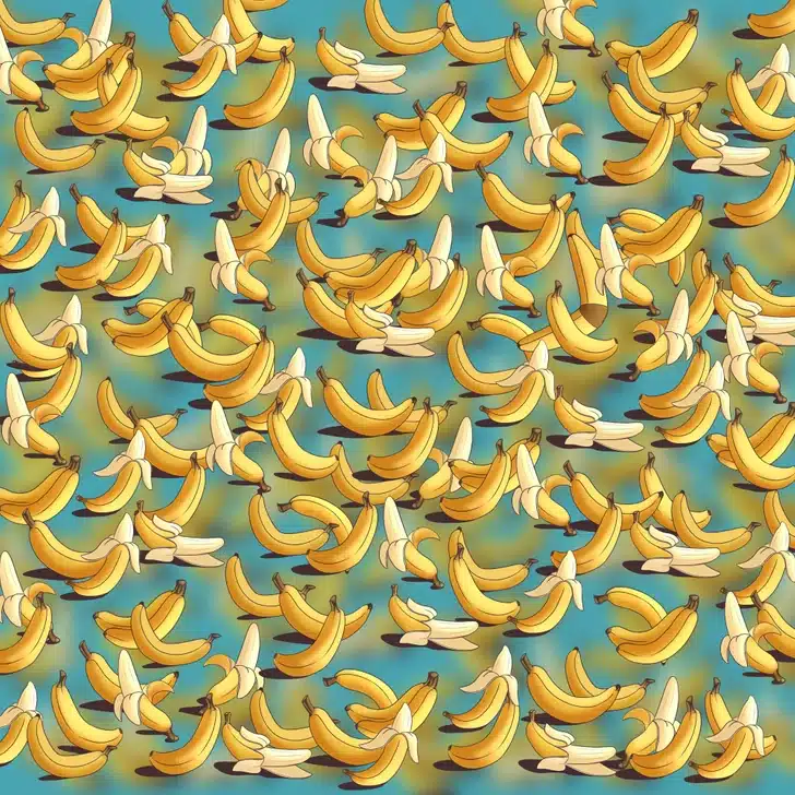 Encontre o bumerangue escondido entre diversas bananas em diferentes posições. Desafio visual com várias bananas amarelas desenhadas, algumas com casca aberta, formando um padrão colorido.