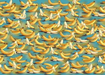 Desafio visual com várias bananas amarelas desenhadas, algumas com casca aberta, formando um padrão colorido.