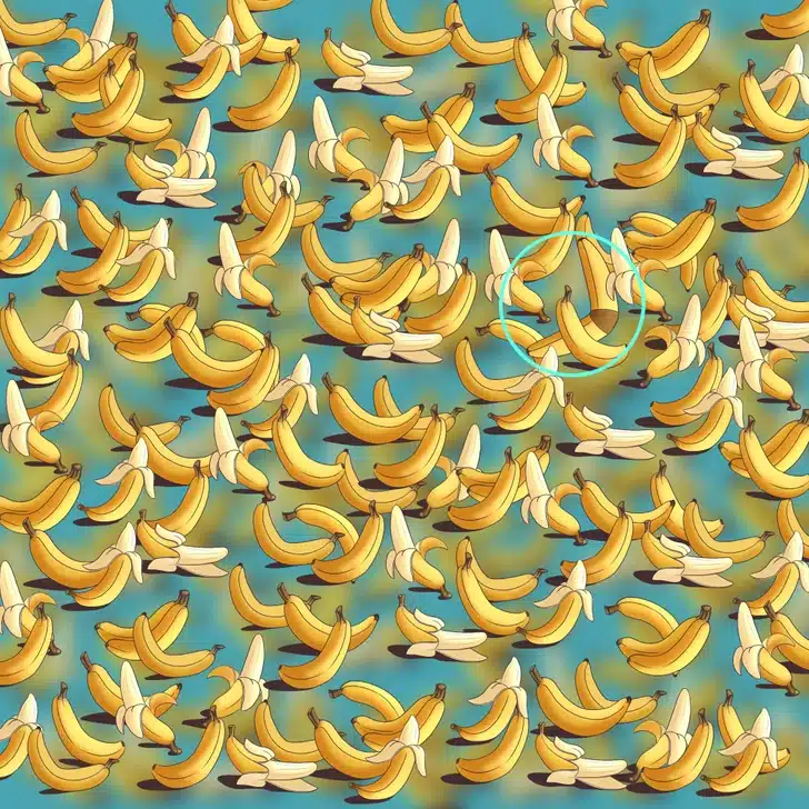 Encontre o bumerangue nesta ilustrações de bananas amarelas Desafio visual com várias bananas amarelas desenhadas, algumas com casca aberta, formando um padrão colorido.