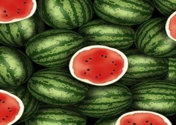 Desafio visual com várias melancias verdes inteiras e algumas cortadas ao meio mostrando polpa vermelha com sementes pretas