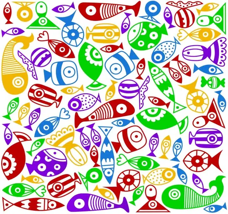 Encontre o doce entre os peixes de estilos geométricos e cores diversas. Desafio visual com vários peixes em formas geométricas coloridas em verde, azul, vermelho, amarelo e roxo sobre fundo branco.