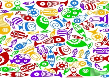 Desafio visual com vários peixes em formas geométricas coloridas em verde, azul, vermelho, amarelo e roxo sobre fundo branco.
