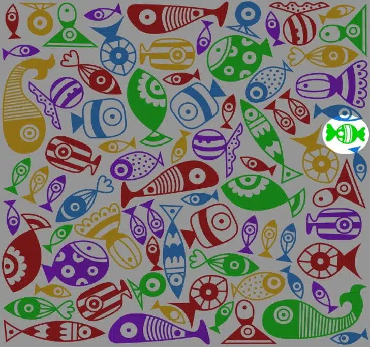 Encontre o doce nesta ilustração colorida de peixes geométricos variados Desafio visual com vários peixes em formas geométricas coloridas em verde, azul, vermelho, amarelo e roxo sobre fundo branco.