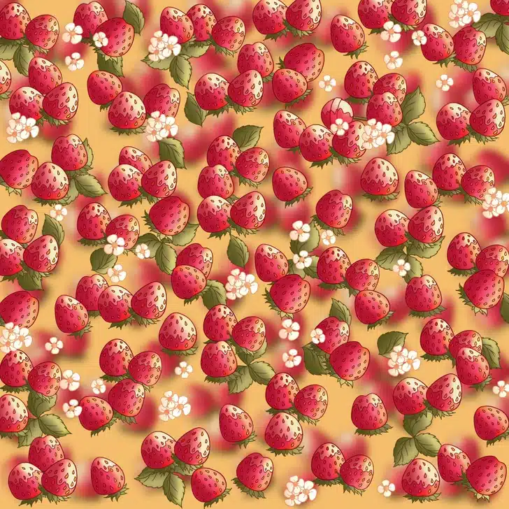 Encontre o doce camuflado entre os morangos com folhas verdes e flores em fundo amarelo. Desafio visual com morangos vermelhos detalhados e pequenas flores brancas sobre fundo amarelo