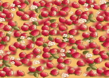 Desafio visual com morangos vermelhos detalhados e pequenas flores brancas sobre fundo amarelo