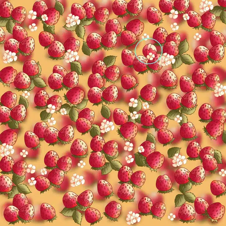Encontre o doce escondido nesta estampa com morangos vermelhos e flores brancas Desafio visual com morangos vermelhos detalhados e pequenas flores brancas sobre fundo amarelo