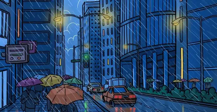 Encontre um guarda-chuva abandonado na rua movimentada durante a noite chuvosa. Desafio visual com uma ilustração de rua urbana à noite com chuva, pessoas com guarda-chuvas e carros passando na via molhada