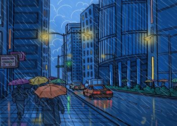 Desafio visual com uma ilustração de rua urbana à noite com chuva, pessoas com guarda-chuvas e carros passando na via molhada