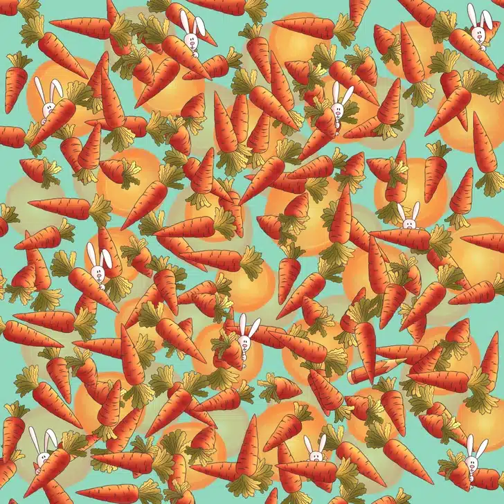 Encontre o láois camuflado entre os coelhos com cenouras. Desafio visual com coelhos brancos escondidos entre muitas cenouras alaranjadas com folhas verdes sobre fundo azul.