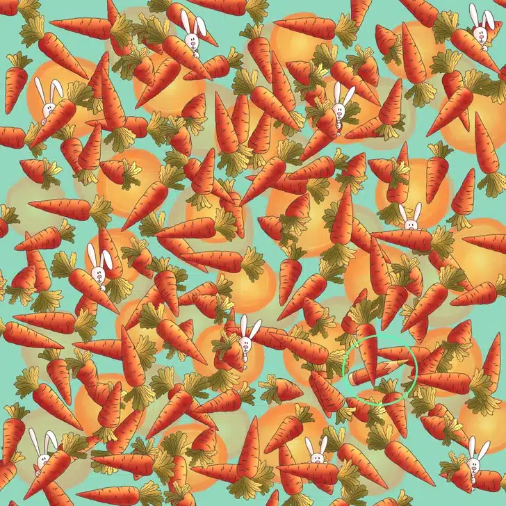 Encontre o lápis neste padrão colorido com coelhos e cenouras no fundo azul Desafio visual com coelhos brancos escondidos entre muitas cenouras alaranjadas com folhas verdes sobre fundo azul.