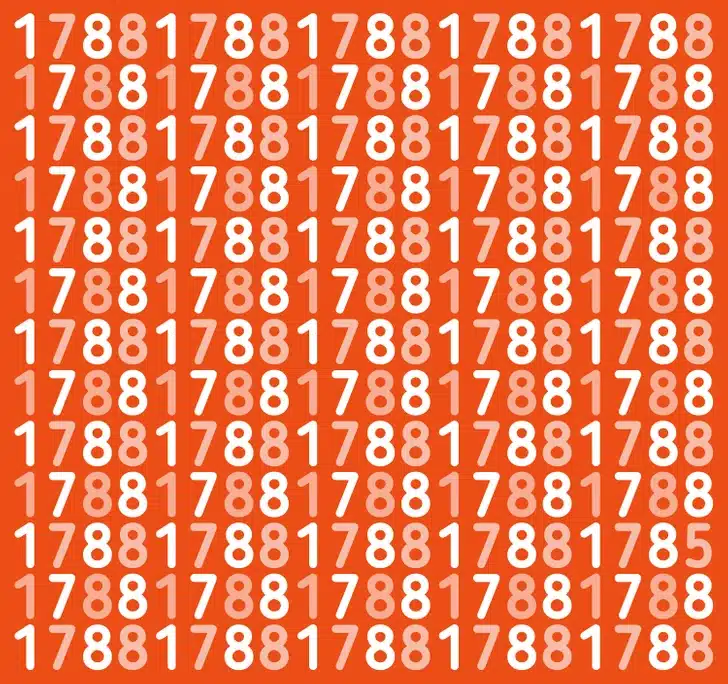 Desafio visual para encontrar o número 1785 escondido entre vários números 1788 em cores laranja e branco. Desafio visual com repetição dos números 1, 7, 8, 8 em fundo laranja.