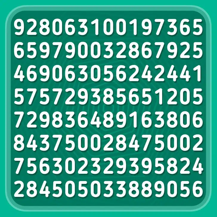 Desafio visual com uma sequência visual de números brancos sobre fundo verde, organizada em linhas.