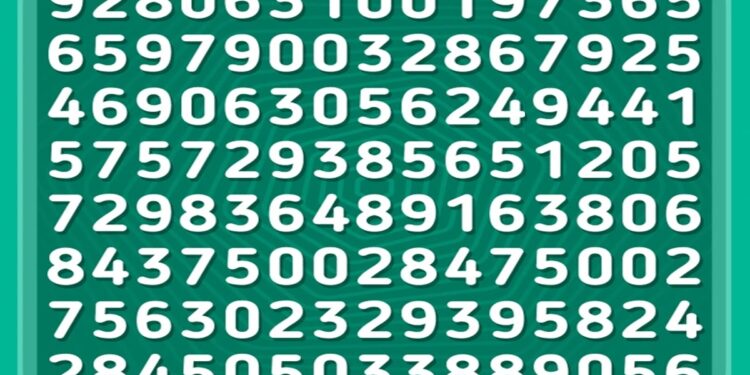 Desafio visual com uma sequência visual de números brancos sobre fundo verde, organizada em linhas.