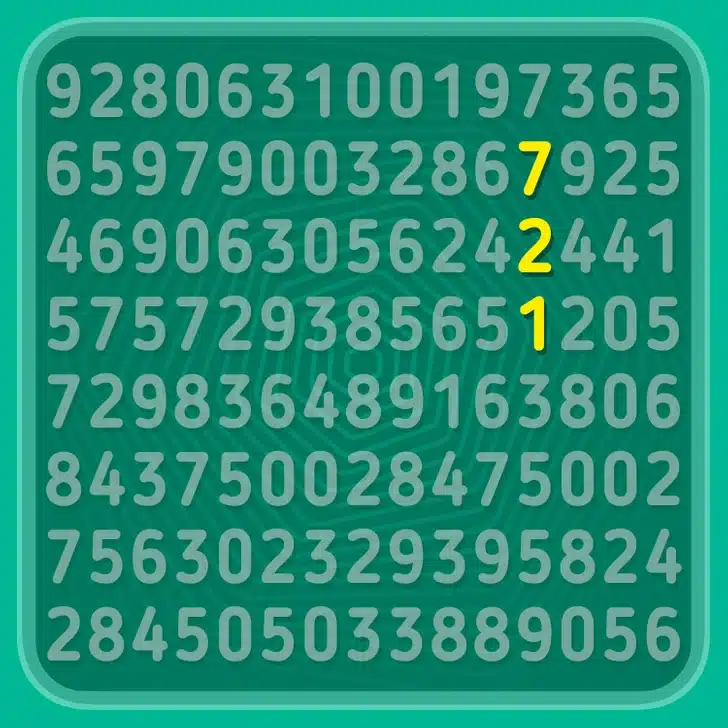 Desafio visual com uma sequência visual de números brancos sobre fundo verde, organizada em linhas.