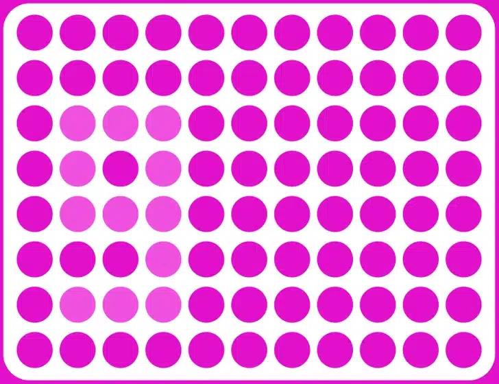 Ilusão de ótica formada por pontos cor-de-rosa com variações de tonalidade. Desafio visual com pontos cor-de-rosa em uma grade com alguns pontos em tons mais claros, criando uma ilusão de óptica