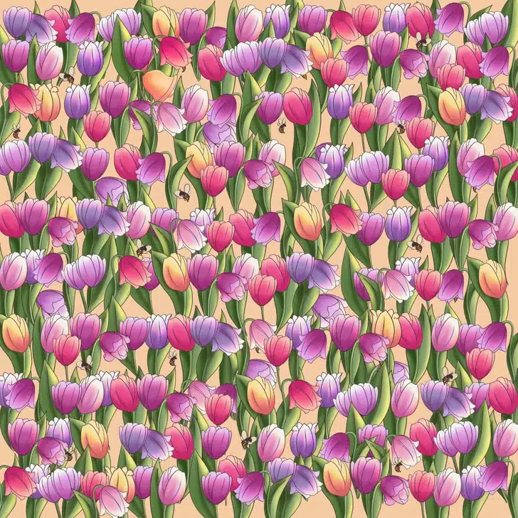 Encontre o sininho escondido na ilustração de tulipas multicoloridas e com várias abelhas. Desafio visual com flores de tulipas roxas, rosas e amarelas com folhas verdes e abelhas sobre fundo bege claro