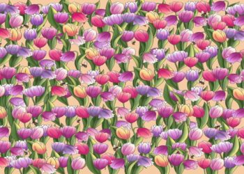 Desafio visual com flores de tulipas roxas, rosas e amarelas com folhas verdes e abelhas sobre fundo bege claro