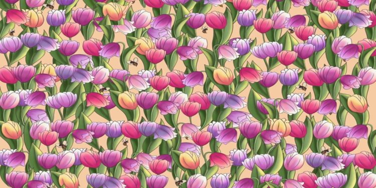 Desafio visual com flores de tulipas roxas, rosas e amarelas com folhas verdes e abelhas sobre fundo bege claro