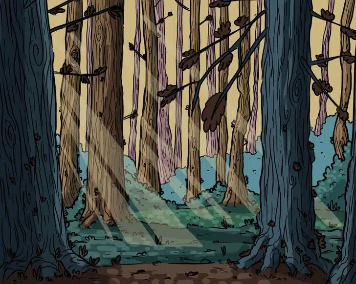 Encontre a coruja escondida em uma floresta. Desafio visual com uma ilustração de floresta densa com troncos de árvores e raios de sol iluminando o chão coberto de folhas