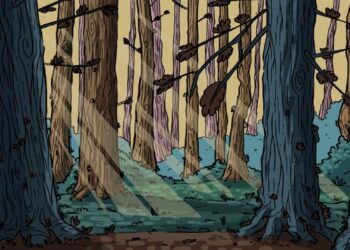 Desafio visual com uma ilustração de floresta densa com troncos de árvores e raios de sol iluminando o chão coberto de folhas