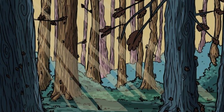 Desafio visual com uma ilustração de floresta densa com troncos de árvores e raios de sol iluminando o chão coberto de folhas
