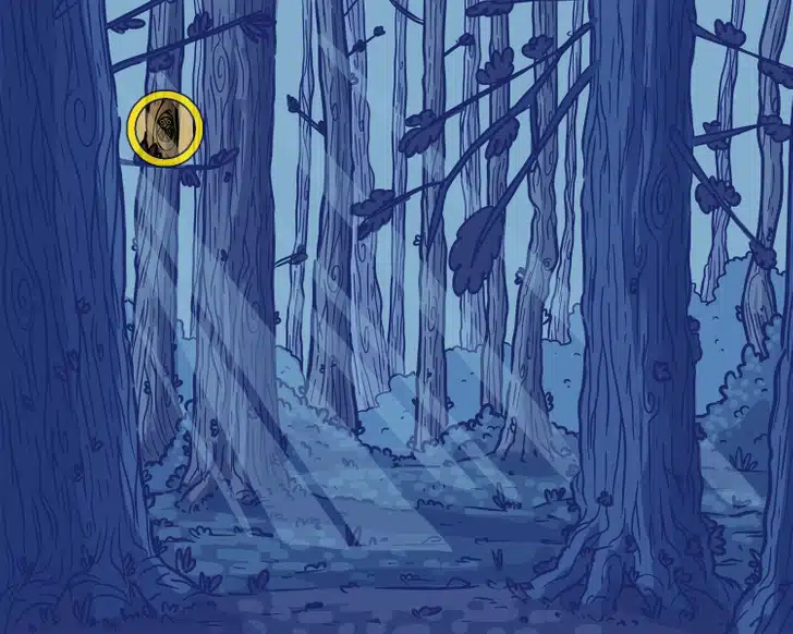 Encontre a coruja escondida na floresta com raios de sol entrando entre árvores Desafio visual com uma ilustração de floresta densa com troncos de árvores e raios de sol iluminando o chão coberto de folhas