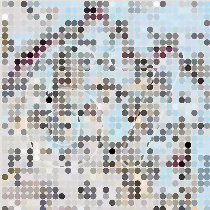 Identifique o número oculto nesta imagem abstrata formada por pontos coloridos. Ilusão de ótica com uma composição abstrata com pontos circulares coloridos em tons neutros e azuis sobre fundo claro