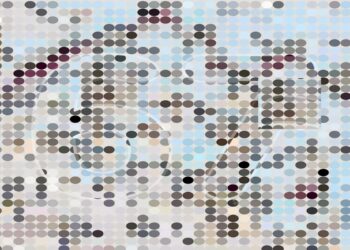 Ilusão de ótica com uma composição abstrata com pontos circulares coloridos em tons neutros e azuis sobre fundo claro