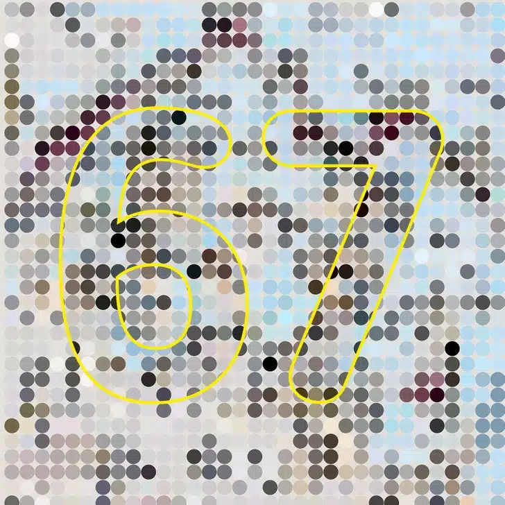 Descubra qual o número escondido nesta ilustração abstrata em pontos coloridos Ilusão de ótica com uma composição abstrata com pontos circulares coloridos em tons neutros e azuis sobre fundo claro