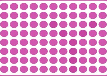 Ilusão de ótica com uma imagem que mostra uma grade de círculos rosa alinhados sobre fundo branco com bordas arredondadas.
