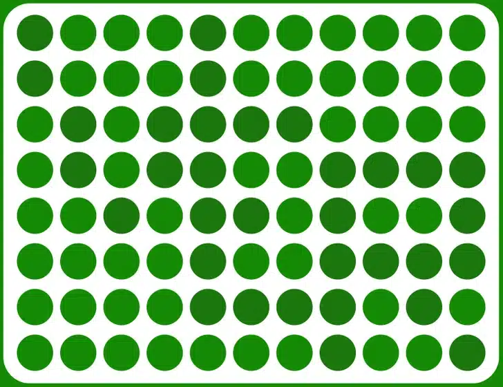 Ache a palavra VER camuflada na imagem com círculos verdes. Ilusão de ótica com círculos verdes organizados em uma grade regular sobre fundo branco e borda arredondada verde.